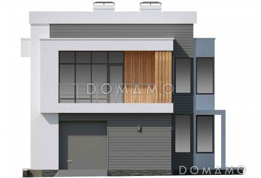 Проект современного двухэтажного дома из газобетона с большой площадью остекления, лоджией и гаражом / Фасад 2