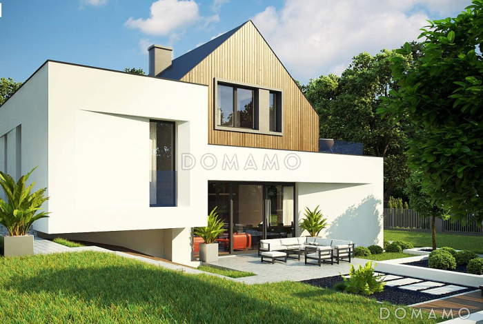 Проект современного двухэтажного дома из кирпича необычной формы и планировки с подземным гаражом и террасой на втором этаже Проект современного двухэтажного дома из кирпича необычной формы и планировки с подземным гаражом и террасой на втором этаже