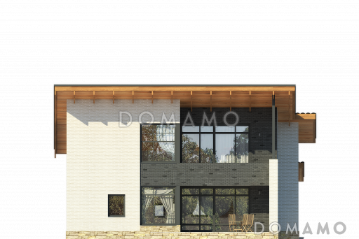 Проект загородного дома из SIP панелей с косой крышей, открытой террасой, двумя балконами, панорамными окнами / Фасад 3