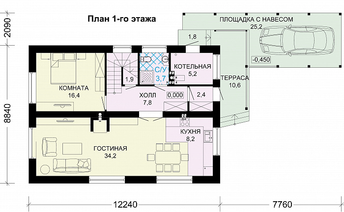 Проект дома из газобетона с круглым окном / План 1 этажа