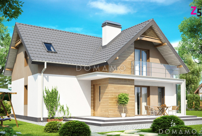 Проект мансардного дома из кирпича с лоджией и гаражом