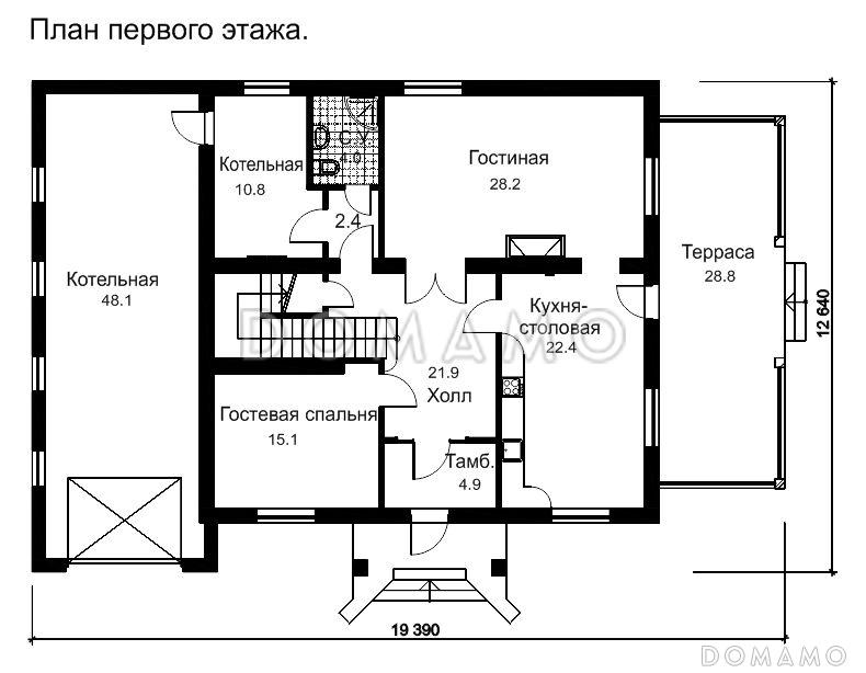 Проект двухэтажного дома с колоннами и гаражом / План 1 этажа
