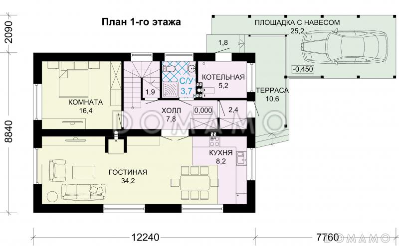 Проект дома из газобетона с круглым окном / План 1 этажа