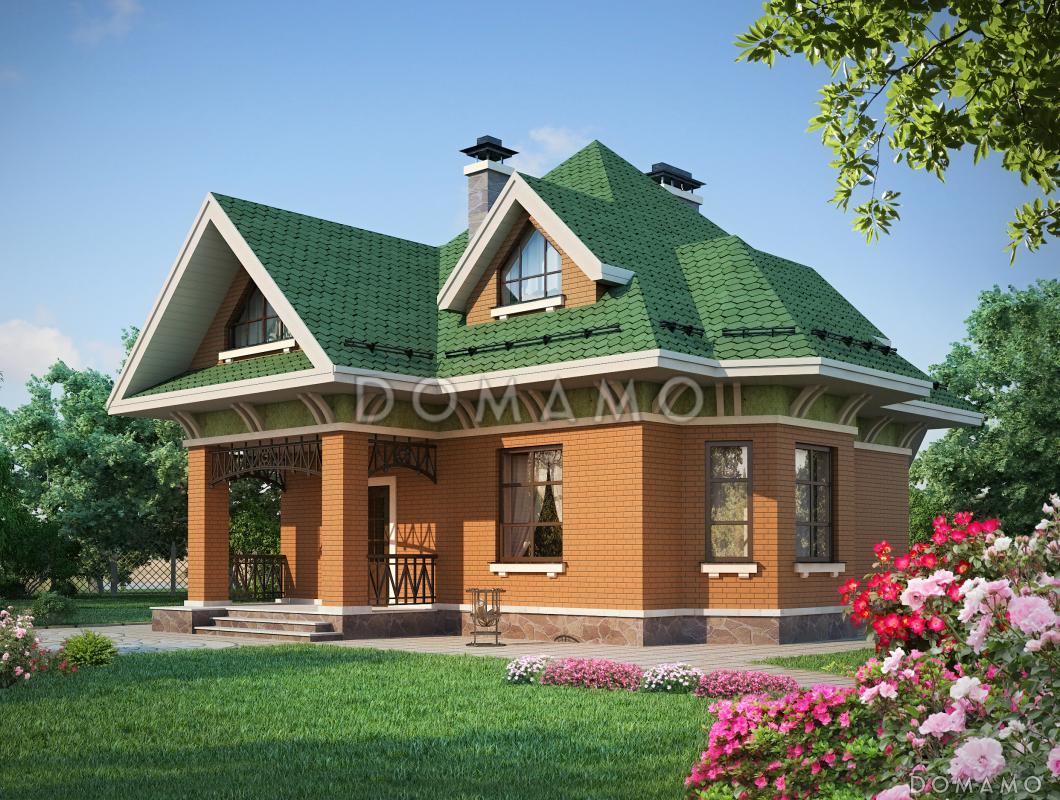 Проект дома из пеноблоков с отделкой из кирпича и зеленой шатровой крышей / 2