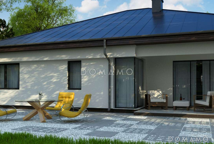 Проект одноэтажного дома из газобетона со стеклянным эркером в более просторной гостиной и гаражом на два автомобиля