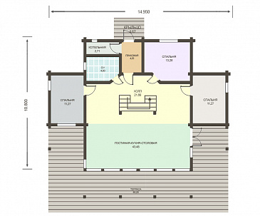 Проект дома из клееного бруса с большим холлом на мансардном этаже / План 1 этажа Проект дома из клееного бруса с большим холлом на мансардном этаже / План 1 этажа