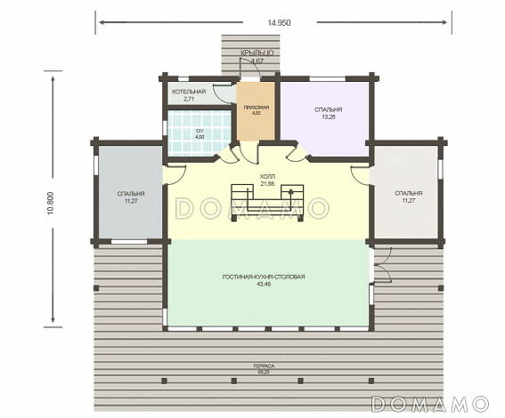 Проект дома из клееного бруса с большим холлом на мансардном этаже / План 1 этажа Проект дома из клееного бруса с большим холлом на мансардном этаже / План 1 этажа