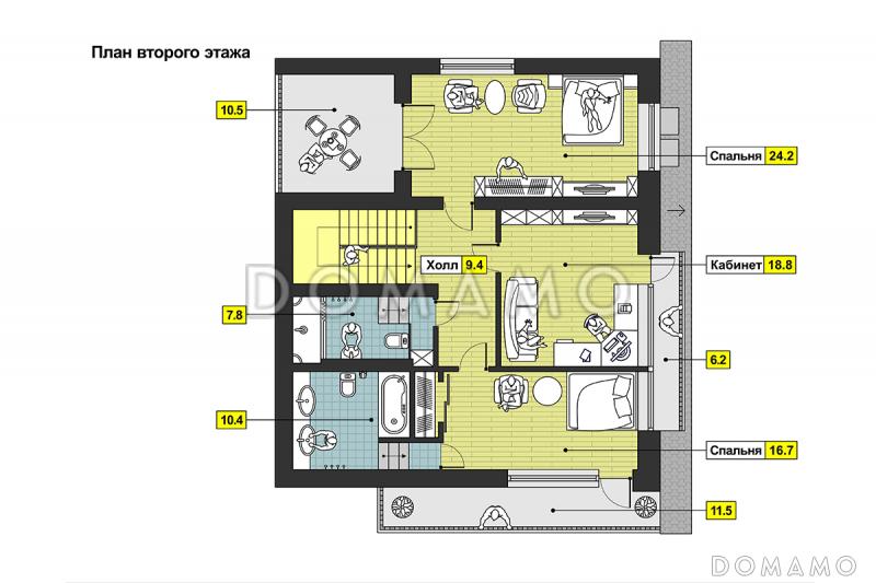 Проект дома с террасами, мансардными окнами, балконом, комнатой отдыха на первом этаже / План мансардного этажа