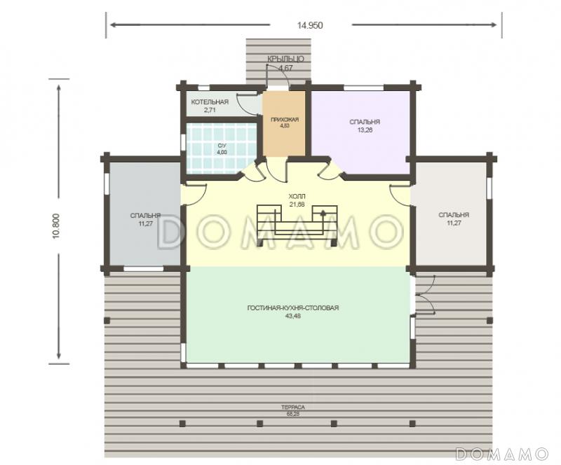 Проект дома из клееного бруса с большим холлом на мансардном этаже / План 1 этажа