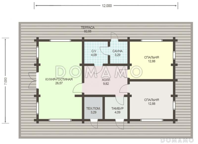 Проект деревянного дома из клееного бруса с крытой террасой расположенной по всему периметру дома / План 1 этажа