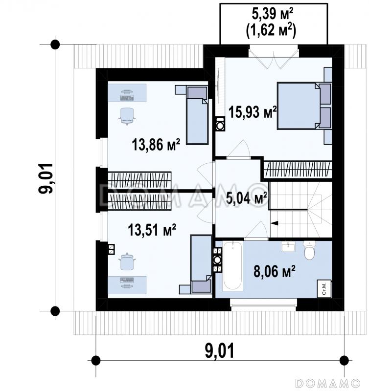 Проект дома с террасой, мансардными окнами, балконом,  треугольным окном в ванной на мансарде / План мансардного этажа
