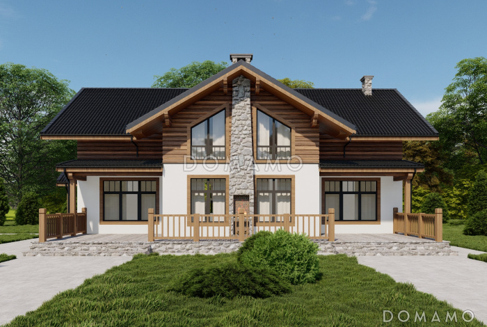 Проект двухэтажного каркасного дома с просторной террасой, сауной и пятью спальнями Проект двухэтажного каркасного дома с просторной террасой, сауной и пятью спальнями