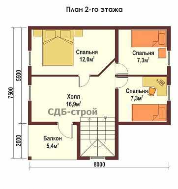 Дом из профилированного бруса ДПБ9 / План 2 этажа Дом из профилированного бруса ДПБ9 / План 2 этажа