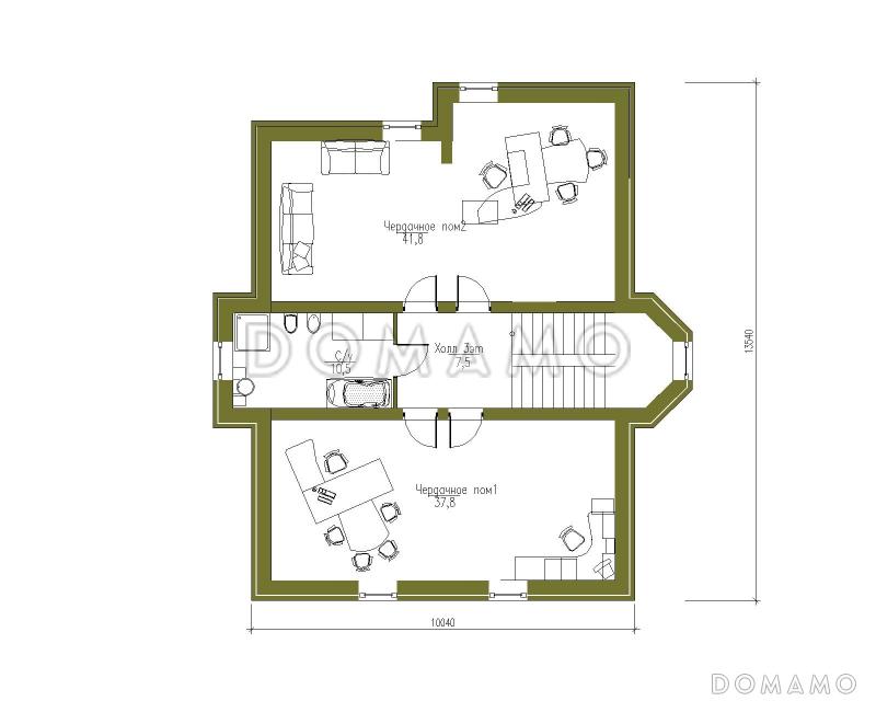 Проект трехэтажного дома с башней, верандой и функциональными чердачными помещениями / План мансардного этажа