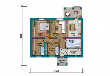 Проект одноэтажного прямоугольного дома с отделкой фасада кирпичом, одной внутренней несущей стеной, тремя спальнями и большой кухней-гостиной с выходом на крытую террасу / План 1 этажа Проект одноэтажного прямоугольного дома с отделкой фасада кирпичом, одной внутренней несущей стеной, тремя спальнями и большой кухней-гостиной с выходом на крытую террасу / План 1 этажа
