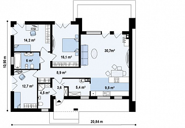 Проект просторного современного одноэтажного дома из кирпича с  тремя спальнями, без гаража / План 1 этажа