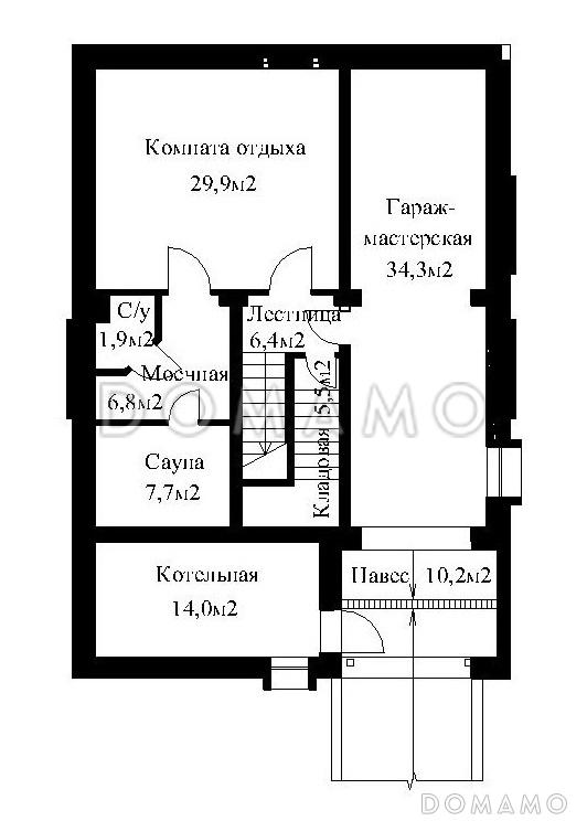 Проект жилого дома для сблокированного строительства на площадке с рельефом / План цокольного этажа