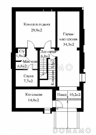 Проект жилого дома для сблокированного строительства на площадке с рельефом / План цокольного этажа Проект жилого дома для сблокированного строительства на площадке с рельефом / План цокольного этажа