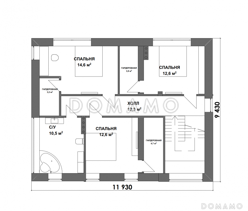 Проект двухэтажного дома в стиле хай-тек с террасой, 3 спальнями и личными гардеробными / План 2 этажа