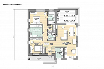 Проект небольшого квадратного дома с 2 спальнями / План 1 этажа Проект небольшого квадратного дома с 2 спальнями / План 1 этажа
