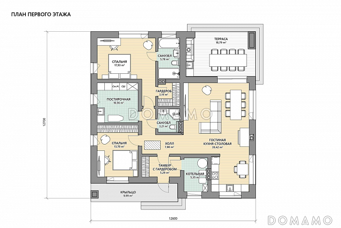 Проект небольшого квадратного дома с 2 спальнями / План 1 этажа Проект небольшого квадратного дома с 2 спальнями / План 1 этажа