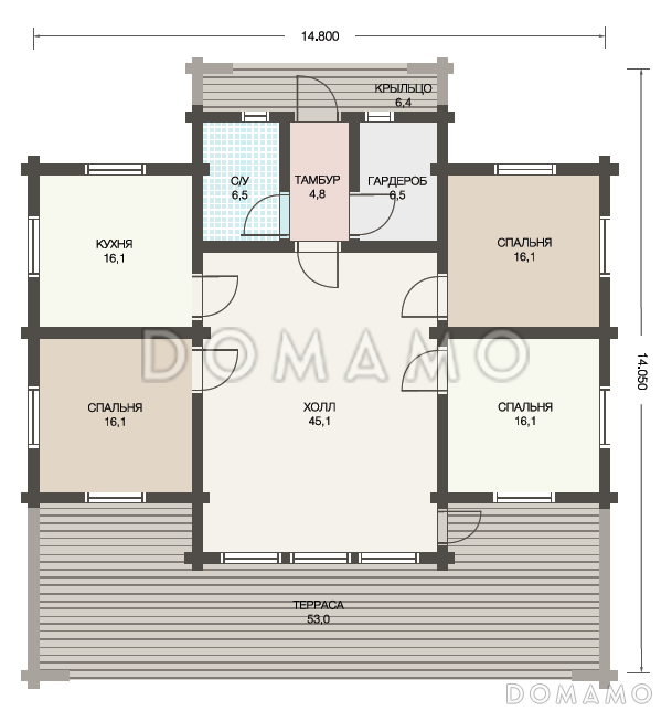 Проект одноэтажного деревянного дома из клееного бруса с изолированной небольшой кухней / План 1 этажа