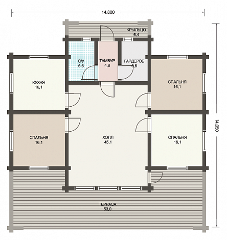 Проект одноэтажного деревянного дома из клееного бруса с изолированной небольшой кухней / План 1 этажа