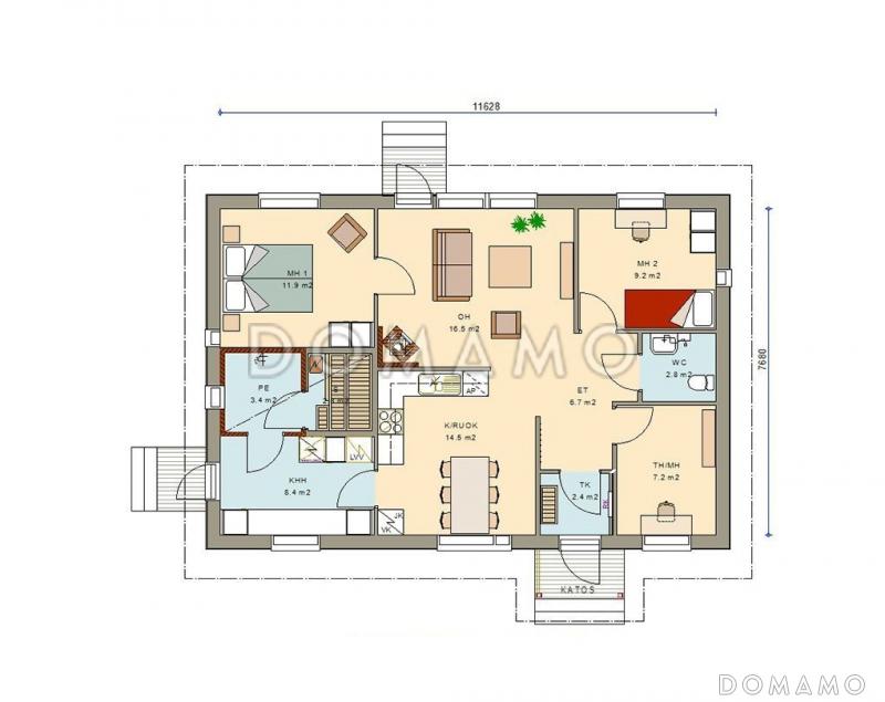 Проект одноэтажного каркасного дома с просторной кухней / План 1 этажа