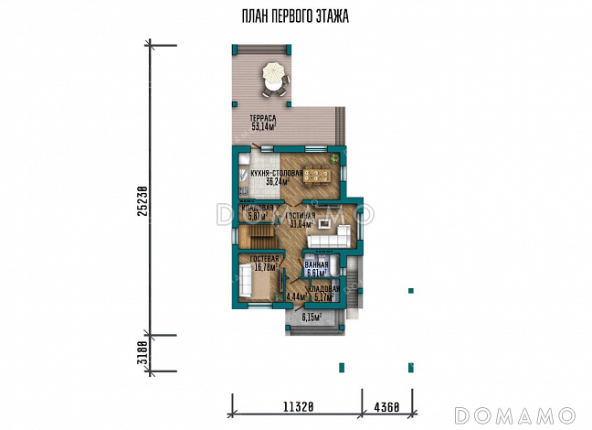 Проект двухэтажного дома с подвалом и навесом для авто / План 1 этажа