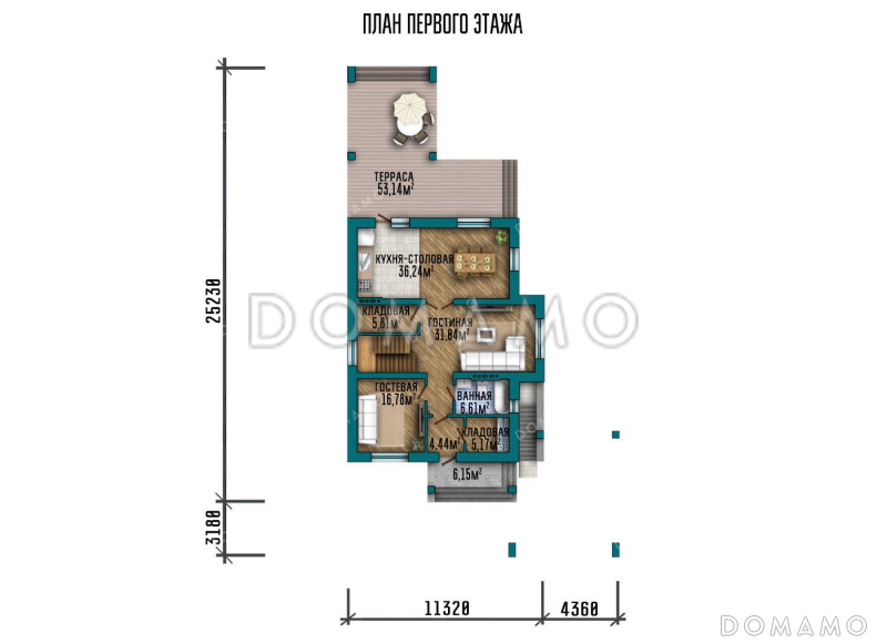 Проект двухэтажного дома с подвалом и навесом для авто / План 1 этажа