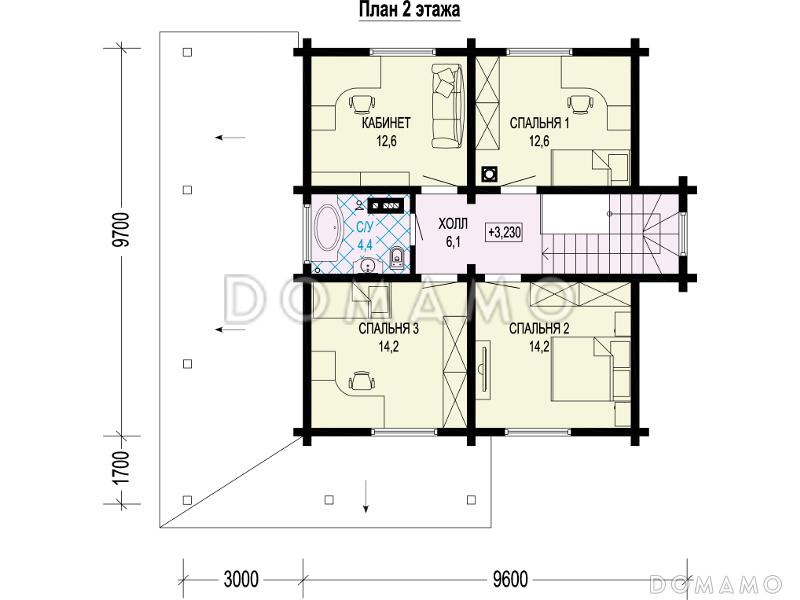 Проект двухэтажного дома из бруса с четырьмя спальнями, кабинетом и крытой террасой / План 2 этажа