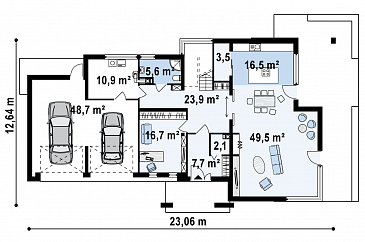 Проект современного двухэтажного дома в стиле хай-тек из кирпича с плоской крышей, балконом и гаражом с двумя отдельными въездами / План 1 этажа Проект современного двухэтажного дома в стиле хай-тек из кирпича с плоской крышей, балконом и гаражом с двумя отдельными въездами / План 1 этажа