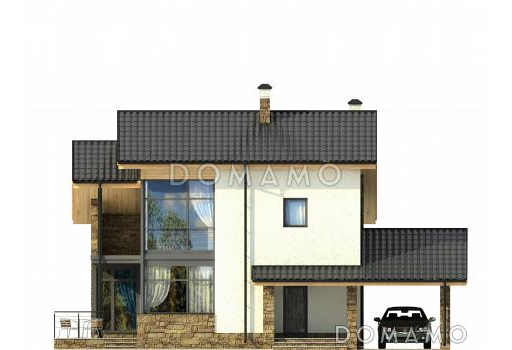 Проект частного дома с навесом для автомобиля, панорамными окнами в кузне-столовой, длинным балконом на мансардном этаже / Фасад 1