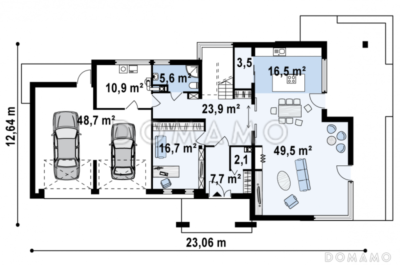 Проект современного двухэтажного дома в стиле хай-тек из кирпича с плоской крышей, балконом и гаражом с двумя отдельными въездами / План 1 этажа