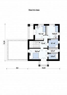 Проект современного двухэтажного дома из газобетона балконом, лоджией и открытой террасой над двухместным гаражом / План 2 этажа Проект современного двухэтажного дома из газобетона балконом, лоджией и открытой террасой над двухместным гаражом / План 2 этажа