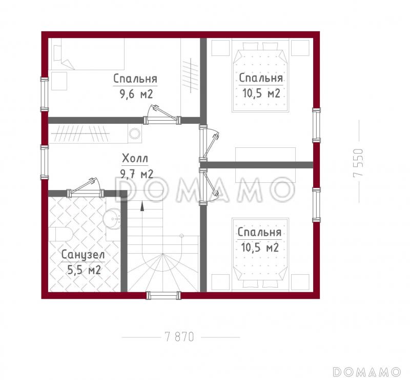 Проект компактного двухэтажного дома из деревянного кирпича с тремя спальнями / План 2 этажа