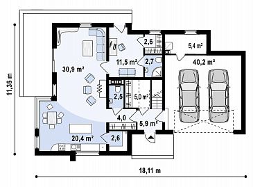 Проект просторного современного двухэтажного дома из газобетона, с пятью комнатами, большим гаражом и двумя лоджиями / План 1 этажа Проект просторного современного двухэтажного дома из газобетона, с пятью комнатами, большим гаражом и двумя лоджиями / План 1 этажа