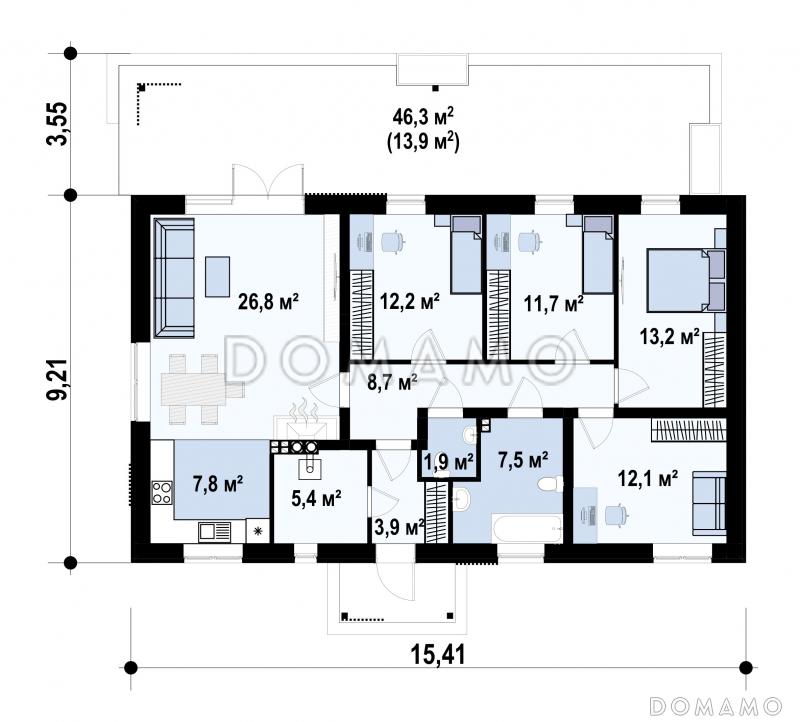 Проект одноэтажного дома с разделением спален и дневной зоны, террасой, угловой кухней / План 1 этажа
