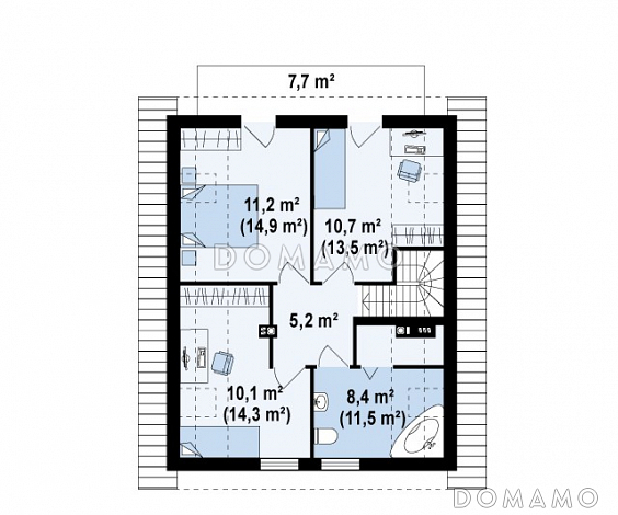 Проект простого одноэтажного мансардного дома из кирпича с тремя спальнями / План мансардного этажа Проект простого одноэтажного мансардного дома из кирпича с тремя спальнями / План мансардного этажа