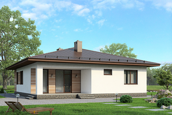 Проект одноэтажного дома из пенобетона с тремя спальнями, шатровой крышей и комбинированной облицовкой