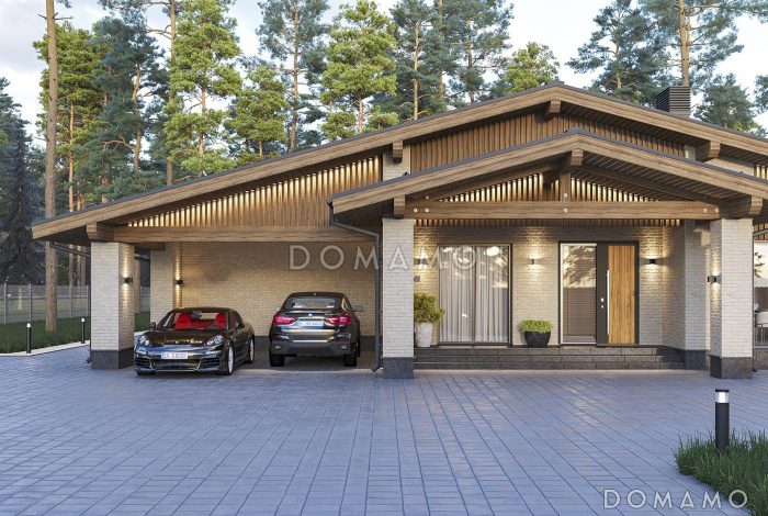 Проект дома из газобетона с навесом для автомобилей, мастер-спальней, совмещенной гостиной-столовой и кухней Проект дома из газобетона с навесом для автомобилей, мастер-спальней, совмещенной гостиной-столовой и кухней