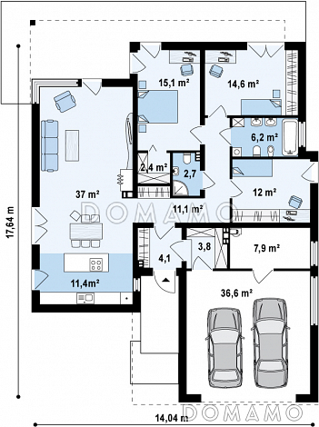 Проект просторного современного одноэтажного дома из кирпича с гаражом и тремя спальнями / План 1 этажа Проект просторного современного одноэтажного дома из кирпича с гаражом и тремя спальнями / План 1 этажа