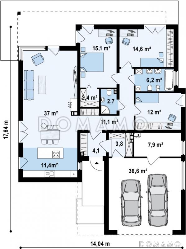 Проект просторного современного одноэтажного дома из кирпича с гаражом и тремя спальнями / План 1 этажа