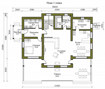 Проект двухэтажного газобетонного дома с просторной террасой, сауной и пятью спальнями / План 1 этажа Проект двухэтажного газобетонного дома с просторной террасой, сауной и пятью спальнями / План 1 этажа