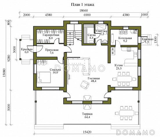 Проект двухэтажного газобетонного дома с просторной террасой, сауной и пятью спальнями / План 1 этажа Проект двухэтажного газобетонного дома с просторной террасой, сауной и пятью спальнями / План 1 этажа