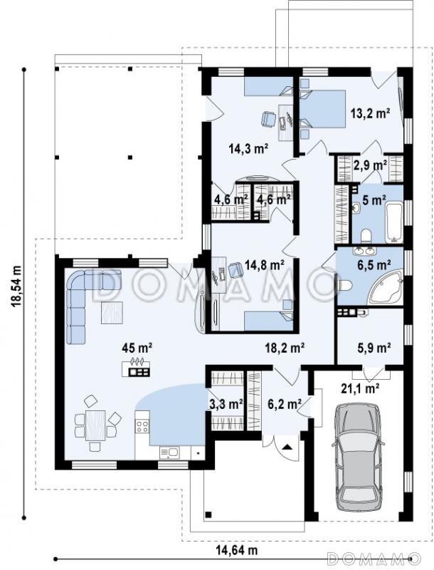 Проект одноэтажного дома из кирпича с большой террасой в угловой части дома и гаражом / План 1 этажа