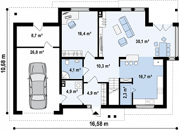Проект двухэтажного дома из кирпича с эркером и балконом над ним, с тремя спальнями, кабинетом и гаражом / План 1 этажа