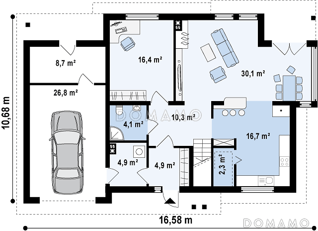 Проект двухэтажного дома из кирпича с эркером и балконом над ним, с тремя спальнями, кабинетом и гаражом / План 1 этажа