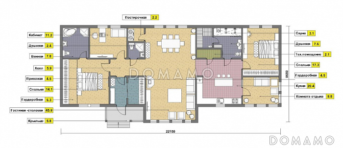 Проект одноэтажного кирпичного дома с сауной / План 1 этажа