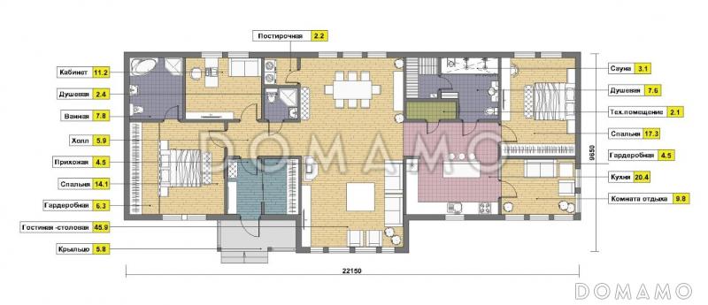 Проект одноэтажного кирпичного дома с сауной / План 1 этажа